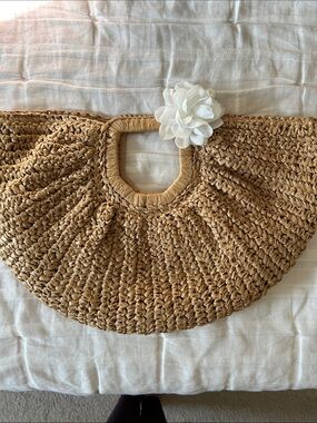 KSL Woven Straw Half-Moon Tote with White Flower Accent